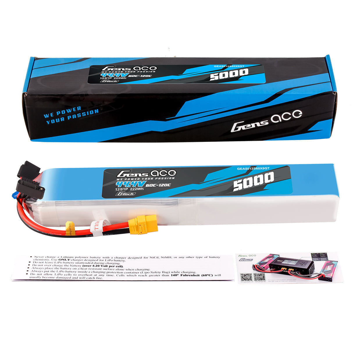 Gens Ace G-Tech 5000mAh 44.4V 60C 12S1P XT90 LIPO Pack