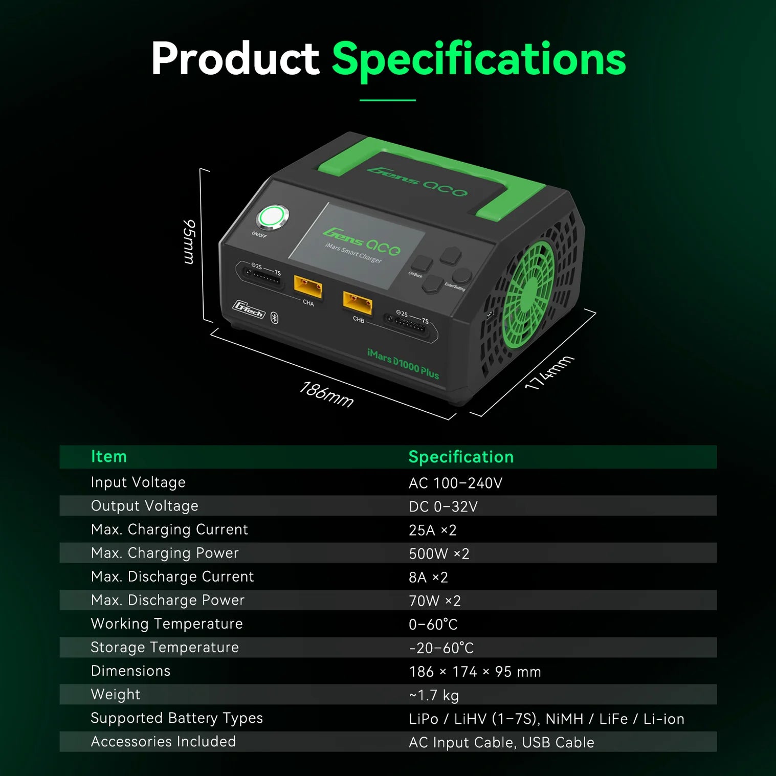 Gens Ace iMars D1000 Plus Smart Charger Dual Channel AC 1000W G-Tech